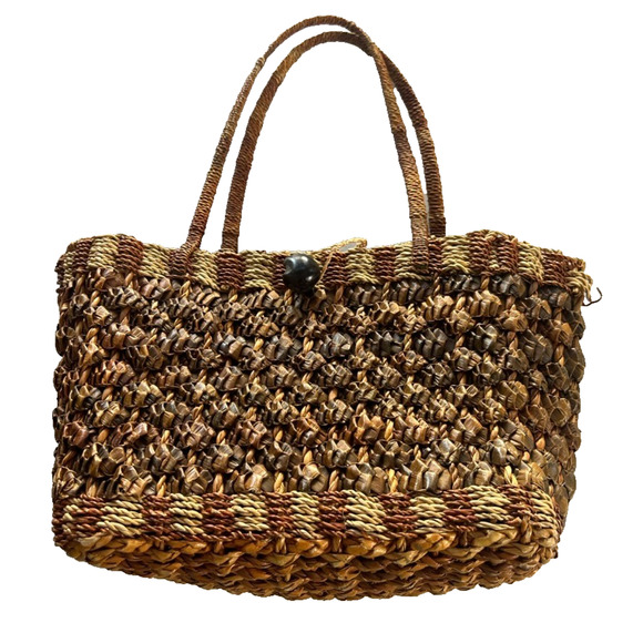 Wicker Rattan Woven Bohemian Two-toned Handbag Two Handle - Picture 2 of 14